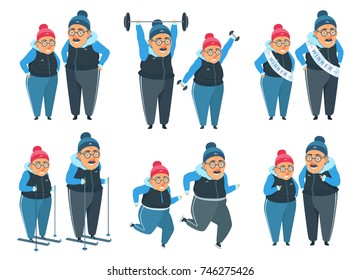 Active elderly couple doing sports, fitness, weight lifting, running, stretch, exercising, winning, pointing a finger. Healthy lifestyle. Flat funny cartoon illustration vector set isolated on white.