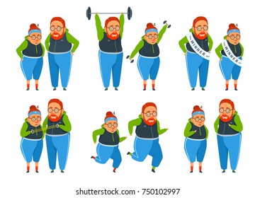 Active elderly couple doing sports, fitness, weight lifting, running, stretch, exercising, winning, pointing a finger. Healthy lifestyle. Flat funny cartoon illustration vector set isolated on white.