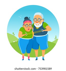 Active elderly couple doing sports, fitness, stretch, exercising. Healthy lifestyle. Flat funny cartoon illustration vector on bright summer background, park, hills, nature.