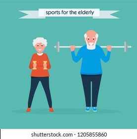 Active elderly couple engaged with dumbbells and barbell Healthy lifestyle. Flat funny cartoon illustration vector set. Active sport concept set.