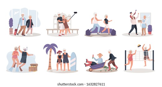 Active elderly couple enjoying life, vector illustration. Set of isolated stickers in flat style. Senior couple travel, old people healthy lifestyle, grandmother and grandfather cartoon characters