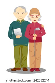 Active elderly couple holding tablet computer and golf club