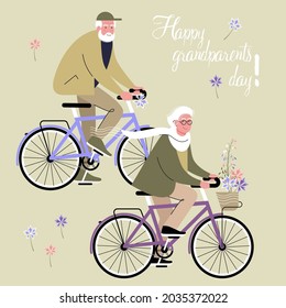 active elderly couple rides bicycles. happy grandma and grandpa with flowers. happy grandparents day. 
elderly are engaged in sports. flat drawing. stock vector illustration. EPS 10.	