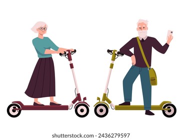 Pareja de ancianos activos montando scooter eléctrico a pie. Transporte urbano ecológico moderno, servicio compartido en línea. Los pensionistas de dibujos animados con smartphone tienen divertida ilustración vectorial de carácter aislado en blanco