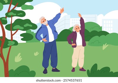 Active elderly couple. Senior people exercising in city park. Athletic grandparents. Qigong gymnastics outdoor. Grandma and grandpa training together in nature. Garish