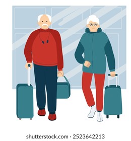 Active elderly couple traveling with suitcases.