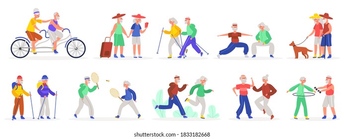 Parejas activas de ancianos. Pareja mayor, abuela deportiva y abuelo sanos, ancianos bailando y trotando ilustraciones vectoriales. Personajes en bicicleta, haciendo ejercicio, caminando con mascota
