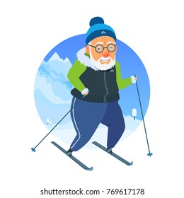Active elderly man doing winter sports, ski running. Healthy lifestyle. Flat funny cartoon illustration vector isolated on winter mountain circle shape background.