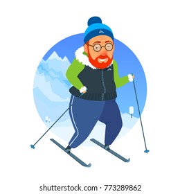 Active elderly man doing winter sports, ski running. Healthy lifestyle. Flat funny cartoon illustration vector isolated on winter mountain circle shape background.
