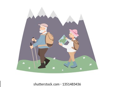 Active Elderly Man And Woman. People With Hiking Sticks Walking In The Mountains. Camping Trip, Hike, Backpacking. Couple On Background Mountains Nature.