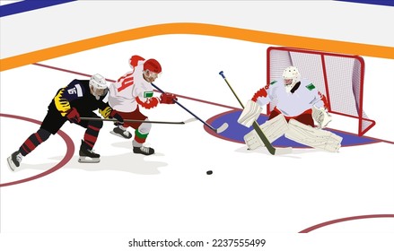 active elderly men play ice hockey on the ice rink. Happy life after 60.