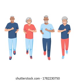 Active elderly men and women jogging. Healthy and active lifestyle in elderly people. Set of flat vector illustration isolated on white background.