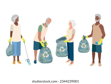 Voluntarios activos de ancianos recolectan residuos plásticos en bolsas de basura. Cuidar del medio ambiente. Clasificación, reciclado y eliminación de residuos. Establecer ilustración vectorial aislada en fondo blanco