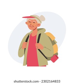 Active elderly. A modern elderly woman actively spends time, goes on a hike, travels. Healthy lifestyle. Self care. Vector illustration