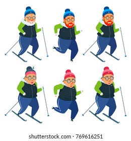 Active elderly people doing winter sports, fitness, running. Healthy lifestyle. Flat funny cartoon illustration vector set isolated on white.