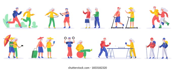 Active elderly people. Senior elderly couples, grandfather and grandmother exercising and travelling, healthy old people vector illustration set. Aged people playing table tennis, riding scooters