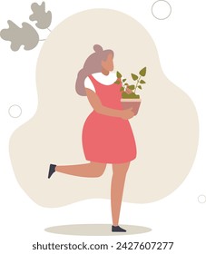 active elderly woman with hobby.flat vector illustration.caring for home decorative plants