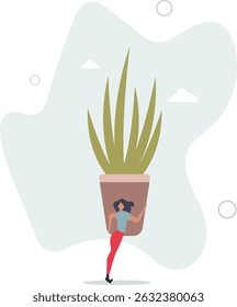active elderly woman with hobby.flat vector illustration.caring for home decorative plants. character life .