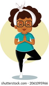 Active Elderly Woman in Yoga Pose Vector Illustration. Senior woman in tree pose exercising for better health and articulations mobility
