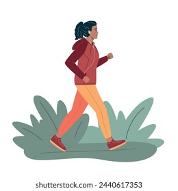 Active energetic happy afro american elderly woman running with headphones in the city park. Attractive looking mature woman keeping fit by jogging. Healthy women lifestyle. Vector illustration 