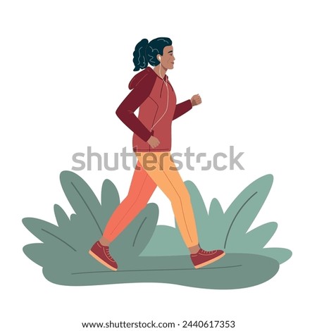 Active energetic happy afro american elderly woman running with headphones in the city park. Attractive looking mature woman keeping fit by jogging. Healthy women lifestyle. Vector illustration 
