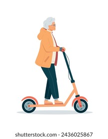 Active energetic happy gray haired elderly adult woman rides an electric scooter. Senior female finding a new hobby having fun enjoying riding scooter outdoor. Vector illustration isolated on white