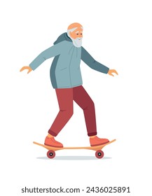 Active energetic happy gray haired elderly adult man skateboarding. Senior male finding a new hobby having fun enjoying riding skateboard outdoor. Vector illustration isolated on white background