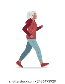 Activa energética feliz mujer afro-americana de pelo gris corriendo con auriculares. Mujer madura de aspecto atractivo que se mantiene en forma trotando. Estilo de vida de mujeres saludables. Ilustración de vector aislado 