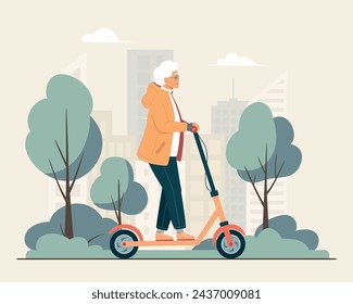 Mujer adulta activa y energéticamente feliz de cabello gris viejita monta un scooter eléctrico en el parque de la ciudad. Mujer mayor que encuentra un nuevo hobby que se divierte disfrutando de montar en scooter al aire libre. Ilustración de vector