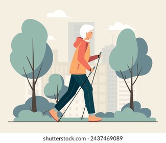 Active energetic happy gray haired elderly woman practice nordic walking. Grandma sport workout Europe. Healthy women lifestyle.  Elder grandmother walking in the city park.  Vector illustration