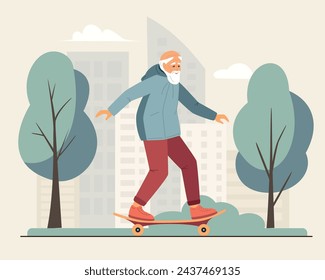 Active energetic happy gray haired elderly adult man skateboarding. Senior male finding a new hobby having fun enjoying riding skateboard in the city park. Vector illustration