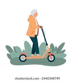 Active energetic happy gray haired elderly adult woman rides an electric scooter. Senior female finding a new hobby having fun enjoying riding scooter outdoor. Vector illustration isolated on white