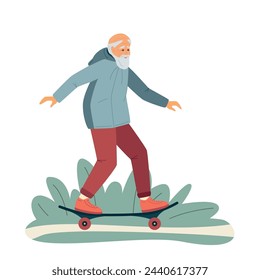 Active energetic happy gray haired elderly adult man skateboarding. Senior male finding a new hobby having fun enjoying riding skateboard outdoor. Vector illustration isolated on white background