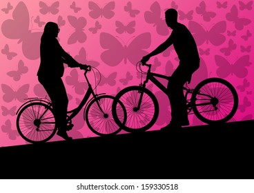 Active family bicycle riders silhouettes with pregnant young mother in abstract background landscape illustration vector
