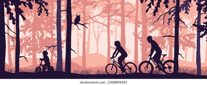 Active family cycling in forest. Mother, father, child, pink silhouette horizontal illustration. Healthy lifestyle outdoor activities. Recreation. Banner. 