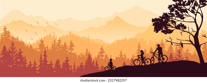 Ciclismo activo en familia. Bosque y montañas de fondo. Ilustración horizontal de la silueta naranja, madre, padre, hijo. Actividades al aire libre con estilo de vida saludable. Recreación. Cartel. 