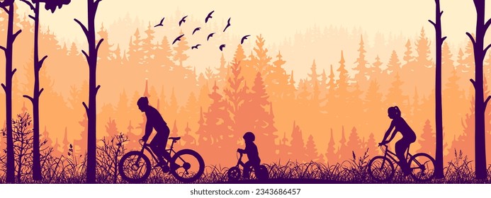 Ciclismo activo en familia. Bosque y montañas de fondo. Ilustración horizontal de la silueta naranja, madre, padre, hijo. Actividades al aire libre con estilo de vida saludable. Recreación. Cartel. 