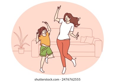 Active family of dancing young mother and daughter enjoying movement to music. Dance of teenage girl, elementary school student and mother or older sister dancing together spending free time