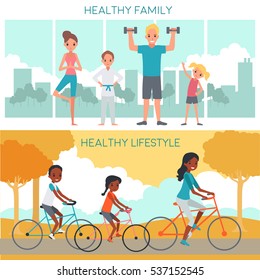 Active family horizontal banners with happy parents children involving in fitness and biking vector illustration