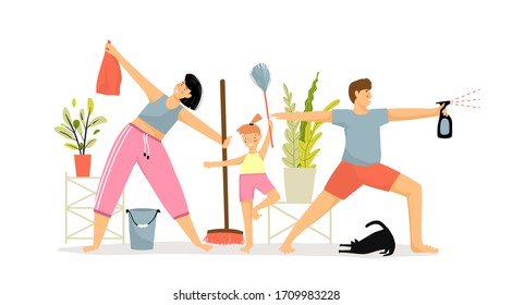 Active Family Housework Cleaning Day. Mother, Father And Daughter Hold Broom, Duster, Spray And Bucket. House Plants In Room And Black Cat. Vector Illustration. Household, Cleanup Daily Routine.