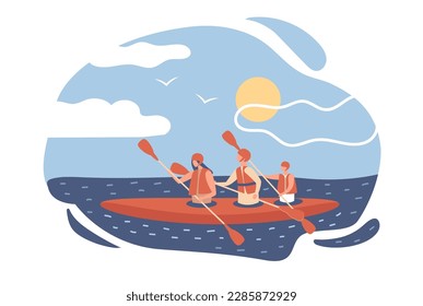 Active family kayaking down the river. People in a boat are sailing on the sea.