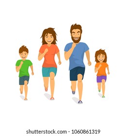 active family man woman boy girl parents and children running jogging together front view cartoon isolated vector illustration scene