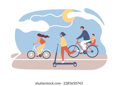 Active family on bicycles, scooter ride on the road together. Mom, dad and kids spend time together.