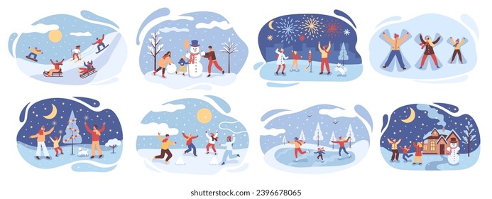 Active family outdoors. Family celebrates Christmas. Winter entertainment. Children go sledding, ice skating, play snowballs. The family sculpts a snowman, sets off fireworks. Happy family.