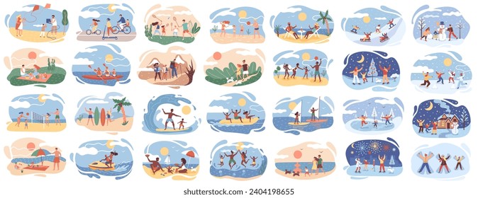 Active family outdoors. Set of vacationing family on winter and summer holidays. Nature scenes. Multiethnic family, parents and children playing.