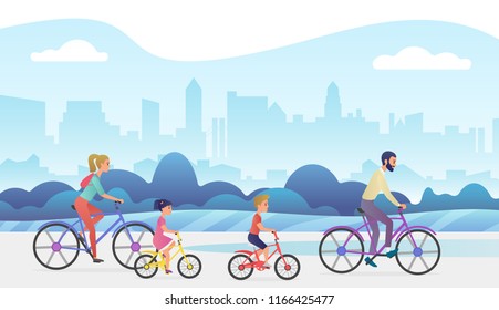 Família ativa fora viagem de férias. Pai, mãe, filha e filho andam de bicicleta no parque da cidade. Ilustração vetorial de cor gradiente na moda.