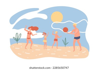 Familia activa jugando al voleibol playa. Personas realizando actividades al aire libre de verano. Esposo, esposa e hijos juegan juntos.