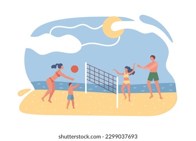 An active family plays volleyball on the beach, dad, mom, son and daughter in swimsuits against the backdrop of the sea.