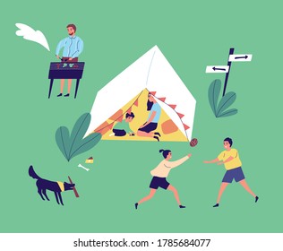 Familia activa descansando en camping juntos ilustración plana vectorial. Madre, padre e hijos cocinando barbacoa, jugando y divirtiéndose. Gente feliz pasando tiempo al aire libre durante las vacaciones de verano