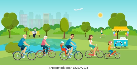  Active family riding on bicycles in the park. Flat vector illustration